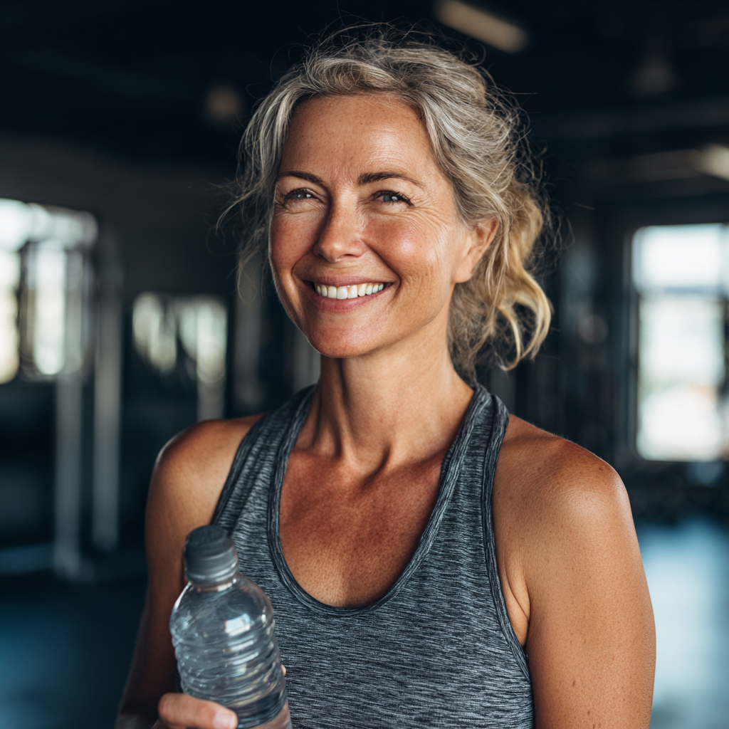 A confident woman in her late 40s wearing athletic clothing, smiling warmly while holding a water bottle in a modern gym setting with natural lighting