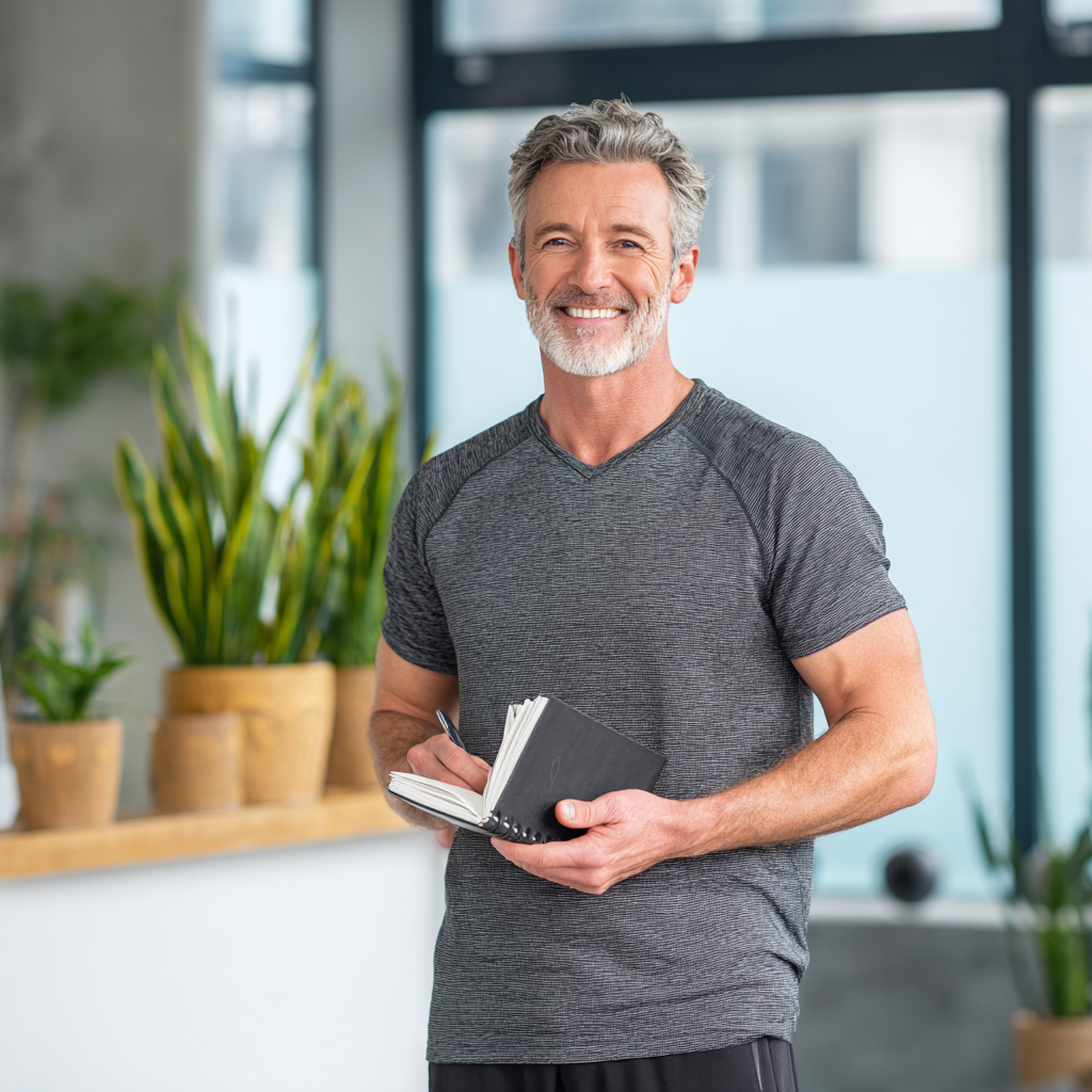 A mature man in his early 50s with a friendly smile, wearing casual fitness attire, holding a notebook while standing in a bright, modern fitness consultation area with plants in the background